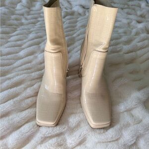 Princess Polly Cream Croc-Pattern Heeled Boots